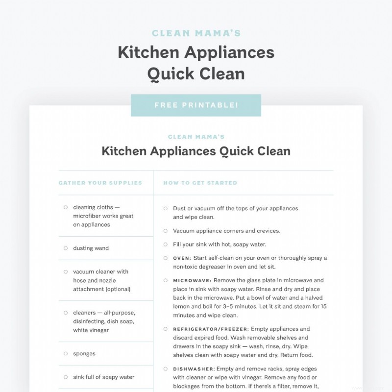 Liste de contrôle pour le nettoyage rapide des appareils de cuisine 