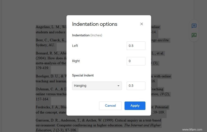 Comment faire un retrait suspendu sur Google Docs 