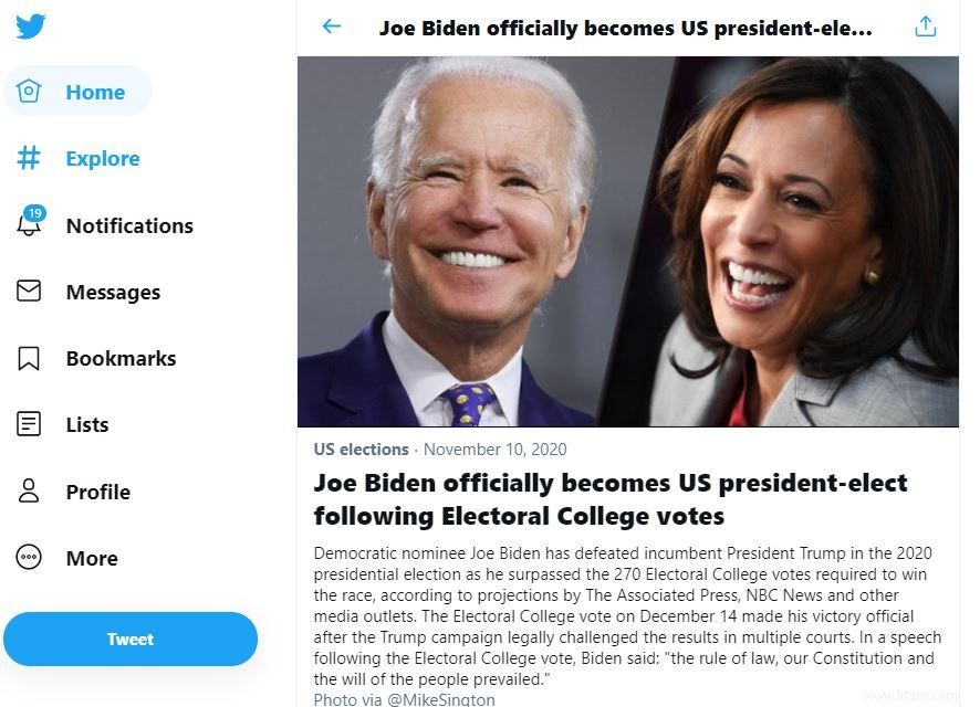 Twitter déclare Biden vainqueur de l élection présidentielle américaine 