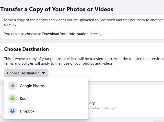 L outil de transfert de photos et de vidéos de Facebook prend désormais en charge Dropbox et Koofr 