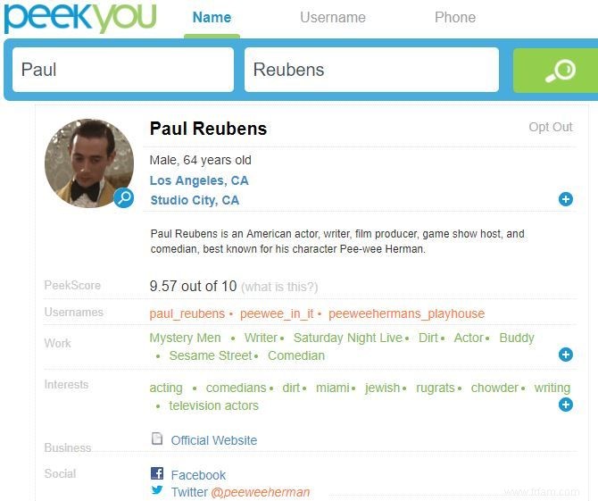 PeekYou est le moteur de recherche de personnes pour trouver les détails personnels de quelqu un 