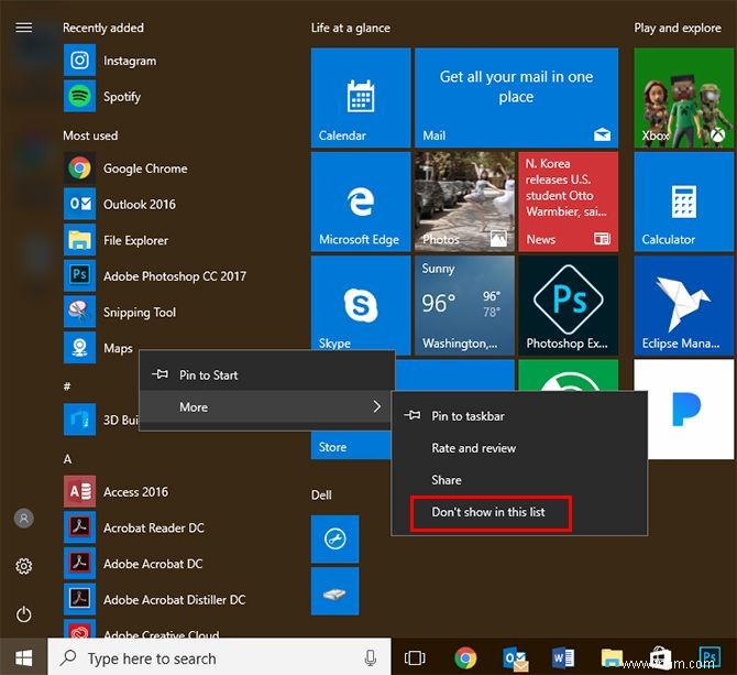 Comment supprimer les applications les plus utilisées du menu Démarrer de Windows 10 