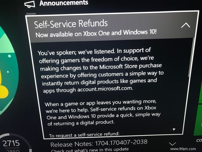 Microsoft dévoile un système de remboursement de type Steam pour Xbox One 