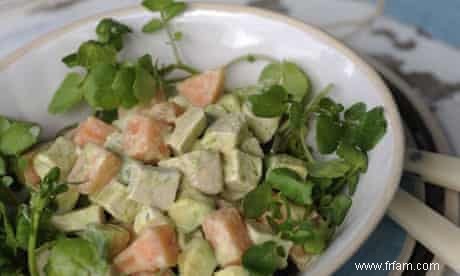 Salades estivales :Salade de poulet et melon, vinaigrette à la fleur de sureau et à l estragon 