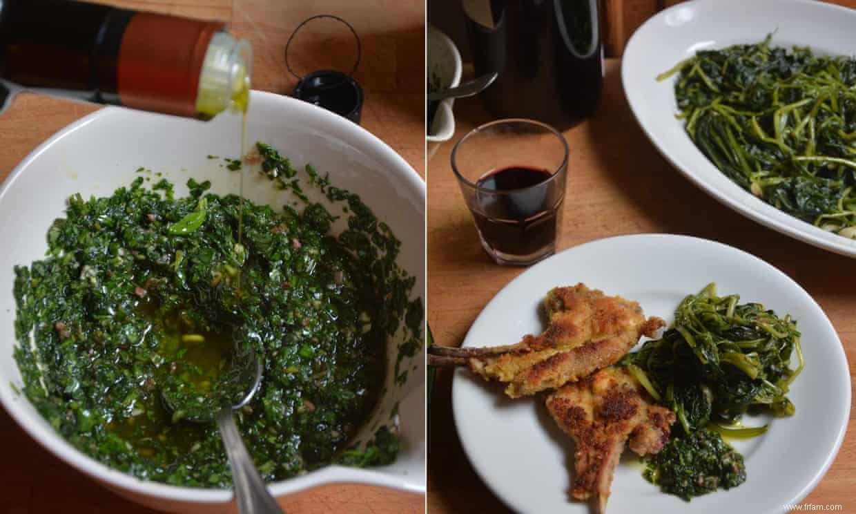 La recette de côtelettes d agneau aux légumes verts de Rachel Roddy 