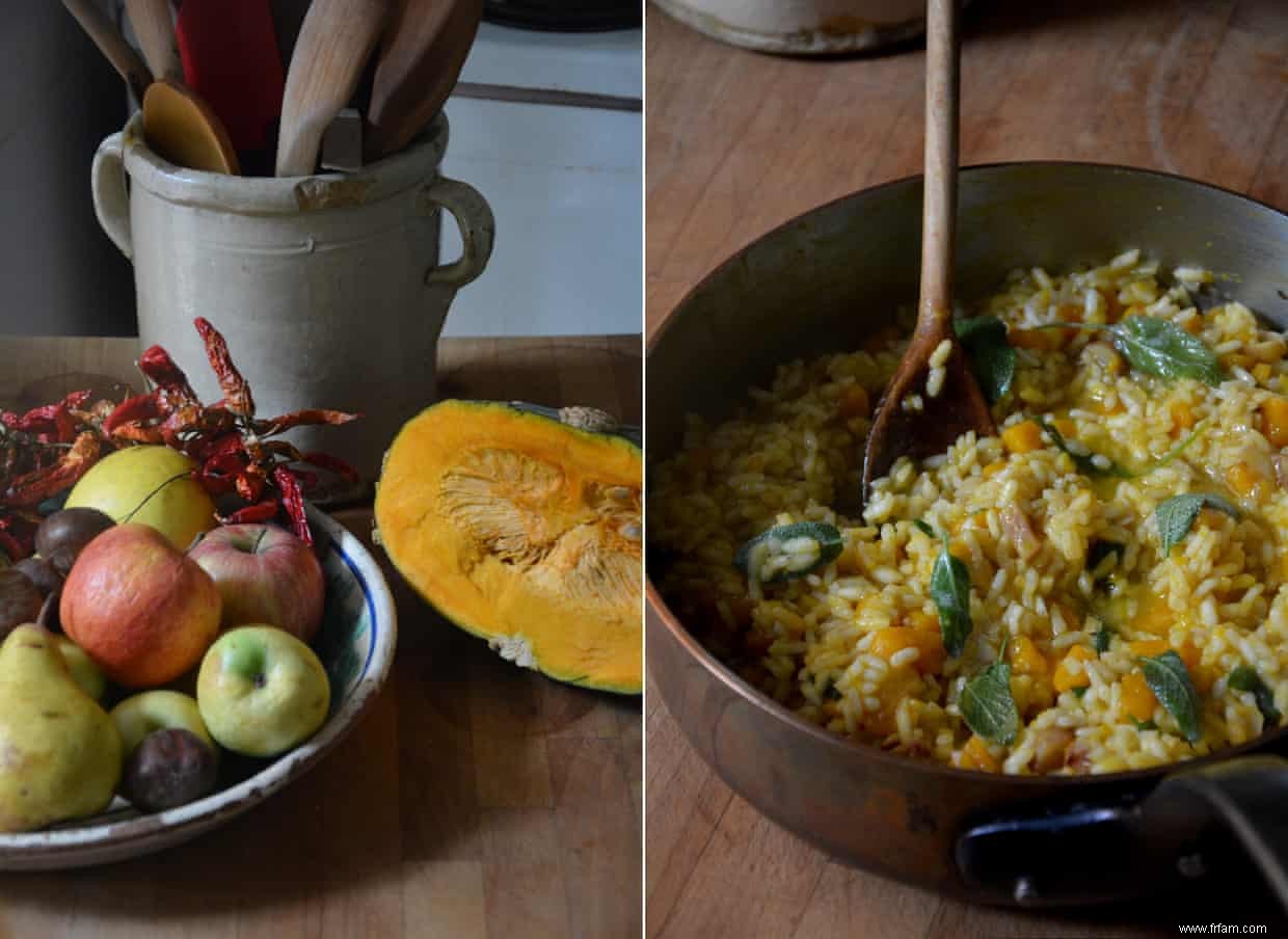 La recette de Rachel Roddy pour le riz au potiron, châtaignes, sauge et beurre 