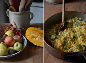 La recette de Rachel Roddy pour le riz au potiron, châtaignes, sauge et beurre 