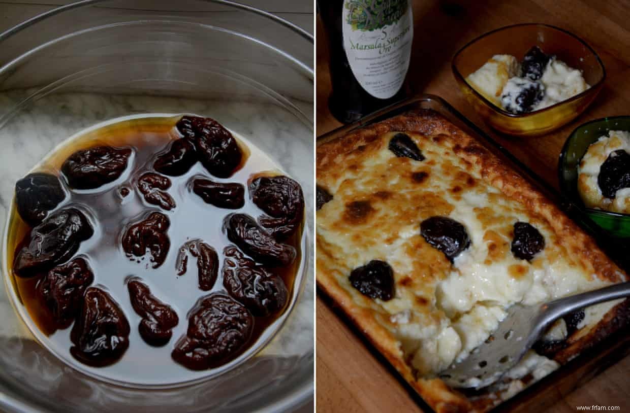 La recette de Rachel Roddy pour le pudding aux pruneaux, au marsala et à la crème pâtissière 