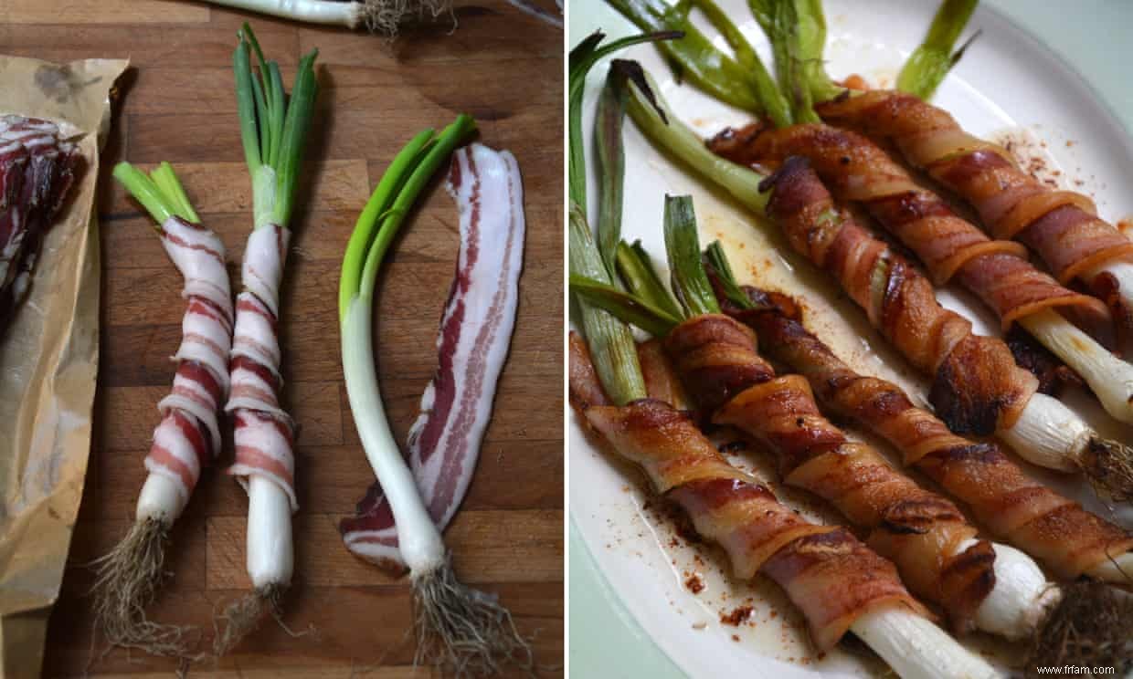 La recette de Rachel Roddy pour les oignons nouveaux carbonisés à la pancetta 