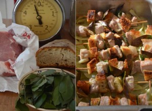 La recette de Rachel Roddy pour les brochettes de porc, de pain et de laurier au fenouil 