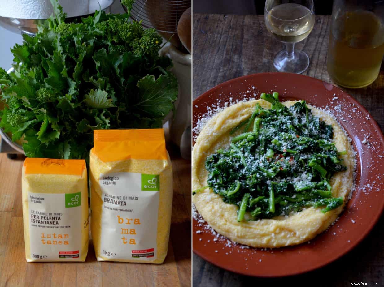 La recette de Rachel Roddy pour la polenta au beurre, parmesan et légumes verts 